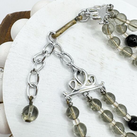 Vintage Germany Black Gray Glass Bead Collar Necklace 3 Strand Satin Glass 17” - Picture 9 of 13